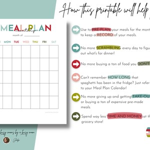 Może przedstawiać: Drukowany plan posiłk&oacute;w z siatką na każdy dzień tygodnia. Tekst "MEAL PLAN" jest w kolorowych literach. Tekst "month of" znajduje się pod tytułem. Tekst "Created for busy moms by a busy mom" znajduje się na dole strony. Tekst "How this printable will help you." jest w kolorowej czcionce. Jest pięć punkt&oacute;w z listami z strzałkami wskazującymi w prawo. Punkty z listami opisują korzyści płynące z korzystania z planu posiłk&oacute;w. Tekst w punktach z listami jest w kolorowych czcionkach.