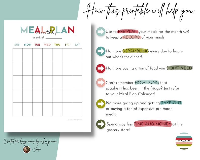 Może przedstawiać: Drukowany plan posiłk&oacute;w z siatką na każdy dzień tygodnia. Tekst "MEAL PLAN" jest w kolorowych literach. Tekst "month of" znajduje się pod tytułem. Tekst "Created for busy moms by a busy mom" znajduje się na dole strony. Tekst "How this printable will help you." jest w kolorowej czcionce. Jest pięć punkt&oacute;w z listami z strzałkami wskazującymi w prawo. Punkty z listami opisują korzyści płynące z korzystania z planu posiłk&oacute;w. Tekst w punktach z listami jest w kolorowych czcionkach.