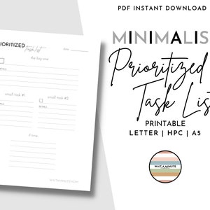 Simple Minimalist Prioritized Task List Printable, Daily To Do List, To Do List for Busy and Overwhelmed Moms, Simplified To Do List, PDF