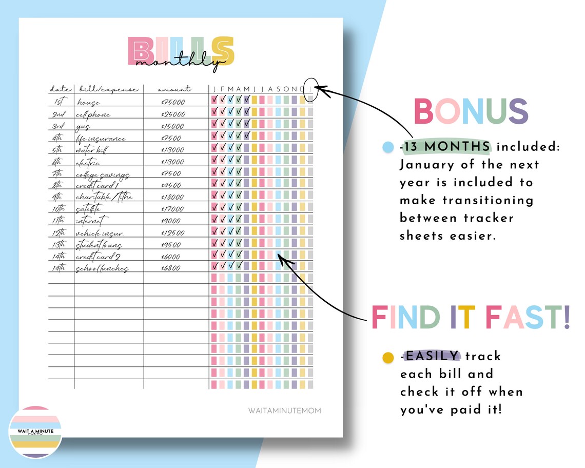 Monthly Bills Tracker Sheet Printable, Payments Tracker, Bill Payment ...