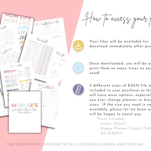May include: A digital printable productivity bundle for moms, featuring colorful pages with titles like "Brain Dump", "Grocery List", "Clean", "Prioritized", "Bills", "Daily", and "Decision". The bundle includes three different sizes: Letter (8.5x11 inches), Happy Planner Classic (7x9.25 inches), and A5 (5.8x8.3 inches).