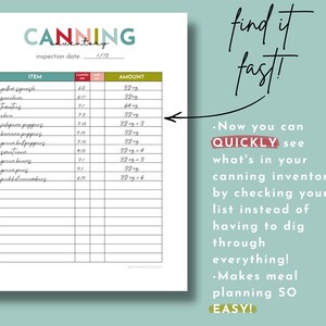 May include: A printable canning inventory checklist with a white background and black text. The checklist includes a column for item, canned date, and amount. The text "CANNING inventory" is at the top of the page in red and white text. The text "find it fast!" is in the upper right corner of the page in black text. The text "inspection date: 1/19" is below the title. The text "Now you can QUICKLY see what's in your canning inventory by checking your list instead of having to dig through everything! - Makes meal planning SO EASY!" is in the lower right corner of the page.