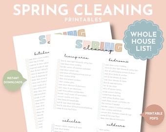 May include: Printable spring cleaning checklists for the kitchen, living area, bedrooms, vehicles, and outdoors. The checklists are organized in a light blue and pink color scheme with a light blue circle that says "Whole House List!" in the top right corner.