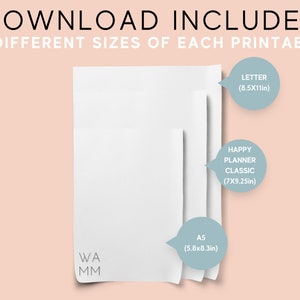 May include: Three white printable sheets in different sizes: Letter (8.5x11 inches), Happy Planner Classic (7x9.25 inches), and A5 (5.8x8.3 inches). The sheets are on a light pink background with the text "DOWNLOAD INCLUDES" and "3 DIFFERENT SIZES OF EACH PRINTABLE" at the top.