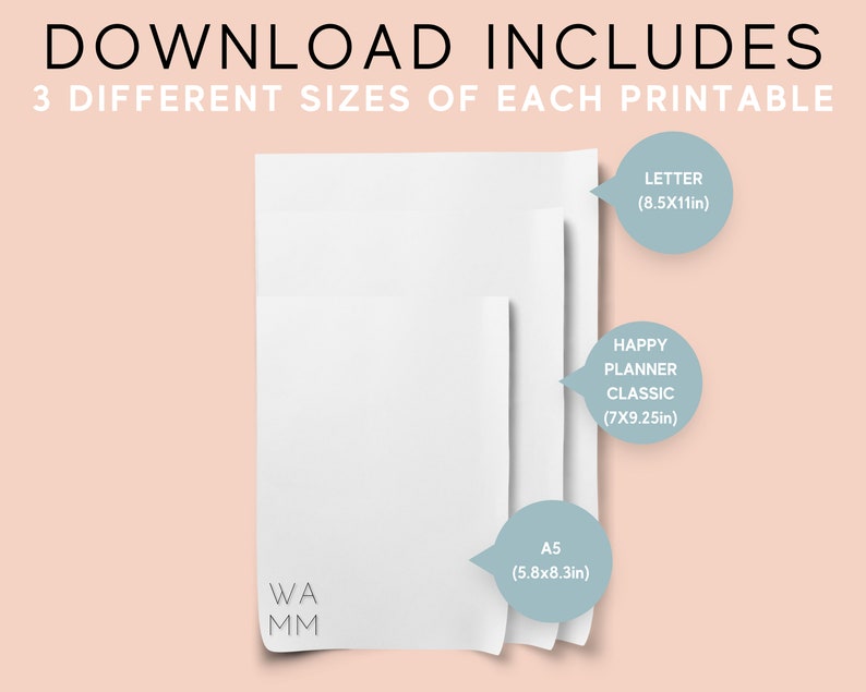 May include: Three white printable sheets in different sizes: Letter (8.5x11 inches), Happy Planner Classic (7x9.25 inches), and A5 (5.8x8.3 inches). The sheets are on a light pink background with the text "DOWNLOAD INCLUDES" and "3 DIFFERENT SIZES OF EACH PRINTABLE" at the top.