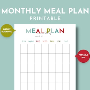 Może przedstawiać: Drukowany miesięczny plan posiłk&oacute;w z kolorowym tytułem i siatką na każdy dzień tygodnia. Tytuł brzmi "Meal Plan" ze słowem "monthly" napisanym kursywą poniżej.