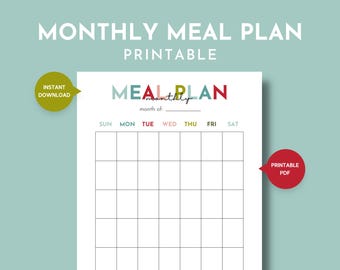 Printable Monthly Meal Plan, Meal Plan Calendar, Monthly Menu Plan, Meal Planning for a Month, Blank Monthly Meal Plan Tracker Calendar, PDF