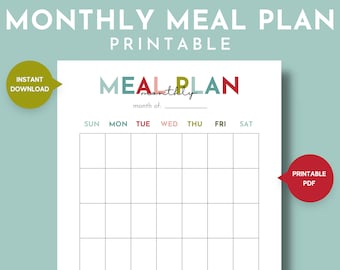 Printable Monthly Meal Plan, Meal Plan Calendar, Monthly Menu Plan, Meal Planning for a Month, Blank Monthly Meal Plan Tracker Calendar, PDF