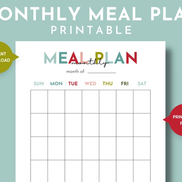 Printable Monthly Meal Plan, Meal Plan Calendar, Monthly Menu Plan, Meal Planning for a Month, Blank Monthly Meal Plan Tracker Calendar, PDF
