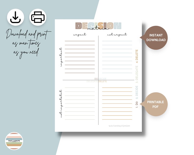 Decision Matrix for Busy Moms Printable, Priority Matrix Worksheet for ...