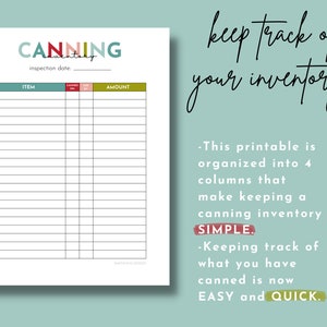 May include: Printable canning inventory checklist with a colorful title and four columns: Item, Canned On, Used By, and Amount. The text "keep track of your inventory!" is written in black on a light blue background.