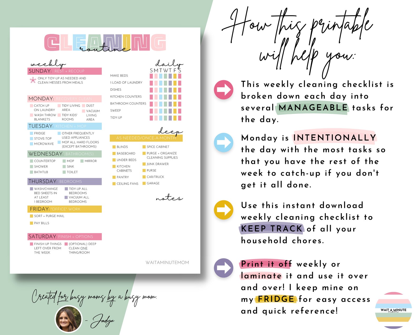 Simple Weekly Cleaning Schedule Printable, Busy Mom Cleaning Checklist ...