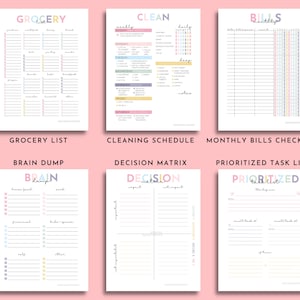 May include: A set of printable planner pages with colorful headings and lines for writing. The headings include "Grocery List", "Cleaning Schedule", "Monthly Bills Checklist", "Brain Dump", "Decision Matrix", and "Prioritized Task List".