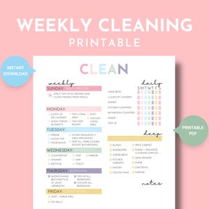 May include: Printable weekly and daily cleaning checklist with a pink, blue, and yellow color scheme. The checklist includes tasks like making beds, doing laundry, cleaning counters, and vacuuming. It also includes a deep cleaning section with tasks like cleaning blinds, baseboards, and the spice cabinet.