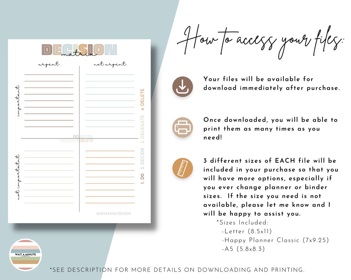 Decision Matrix for Busy Moms Printable, Priority Matrix Worksheet for ...