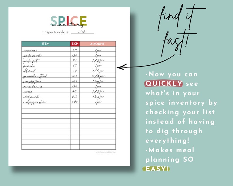 Printable Spice Inventory, Herbs and Spices List, Kitchen Inventory ...