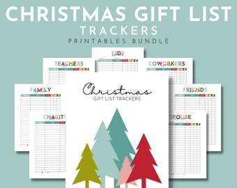 May include: Printable Christmas gift list trackers for family, friends, coworkers, teachers, kids, charity, and spouse. The trackers have columns for name, gift, price, store, and budget. The design features a white background with colorful Christmas trees.