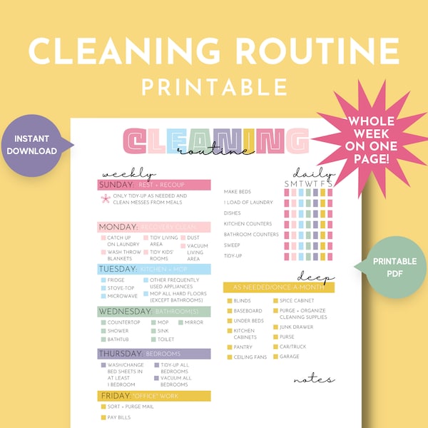 Simple Weekly Cleaning Routine Printable, Busy Mom Cleaning Checklist, House Cleaning Schedule, House Chores, Weekly Cleaning Cheat Sheet