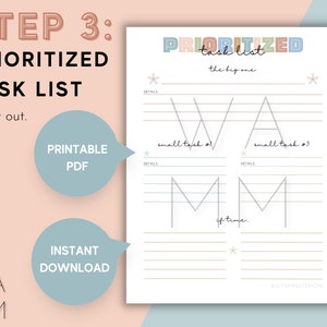 May include: Printable task list planner with a colorful design. The planner is divided into three sections: "the big one", "small task #1", and "small task #3". Each section has a space for details and a line for "if time".