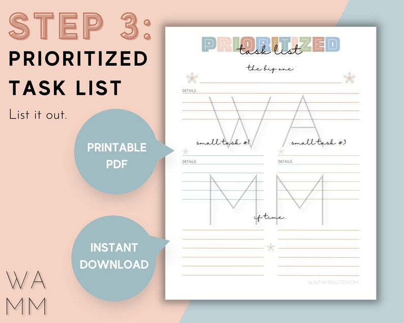 May include: Printable task list planner with a colorful design. The planner is divided into three sections: "the big one", "small task #1", and "small task #3". Each section has a space for details and a line for "if time".