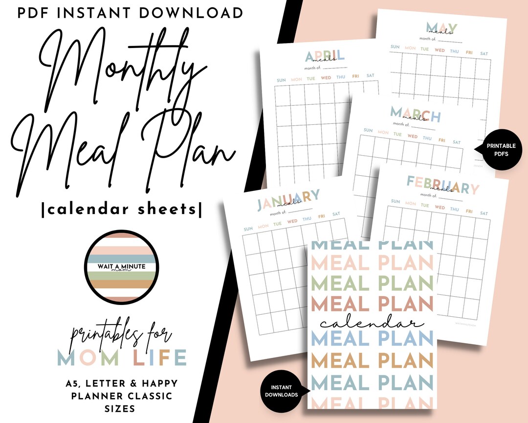 Printable Monthly Meal Plan Calendar Sheets, Monthly Menu Plan, Blank ...