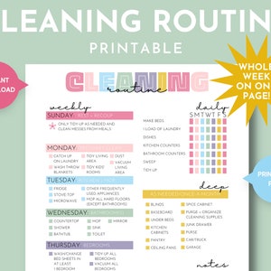 May include: A printable cleaning routine chart with a pink, yellow, and blue color scheme. The chart includes daily, weekly, and deep cleaning tasks. The text on the chart reads "Cleaning Routine", "Weekly", "Daily", "Deep", "Sunday", "Monday", "Tuesday", "Wednesday", "Thursday", "Rest. Recoup", "Recovery Clean", "Kitchen & More", "Bathrooms", "Bedrooms", "Make Beds", "I Load of Laundry", "Dishes", "Kitchen Counters", "Bathroom Counters", "Sweep", "Tidy-Up", "Catch Up on Laundry", "Wash Throw Blankets", "Fridge", "Stove Top", "Microwave", "Tidy Living Area", "Tidy Kids' Rooms", "Dust", "Vacuum Living Area", "Other Frequently Used Appliances", "Mop All Hard Floors (Except Bathrooms)", "Countertop", "Mop", "Mirror", "Shower", "Sink", "Bathtub", "Toilet", "Wash/Change Bed Sheets in at Least 1 Bedroom", "Tidy Up All Bedrooms", "Vacuum All Bedrooms", "As Needed/Once a Month", "Blinds", "Baseboard", "Under Beds", "Kitchen Cabinets", "Pantry", "Ceiling Fans", "Spice Cabinet", "Purge - Organize", "Cleaning Supplies", "Junk Drawer", "Purse", "Car/Truck", "Garage", "Notes", "Whole Week on One Page!" and "Printable PDF".