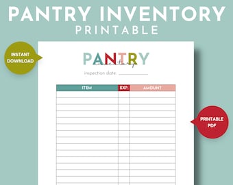May include: Printable pantry inventory list with columns for item, expiration date, and amount. The title is "Pantry Inventory" in red and white text. The word "Pantry" is in colorful letters with the word "inventory" written in cursive below.