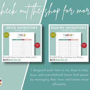 May include: Two printable inventory lists, one for spices and one for pantry items. Both lists have a red, white, and green color scheme and feature the words "Spice" and "Pantry" in bold, colorful letters. The text "Printable" is also included on each list. The price for each list is $0.75, a 50% discount from the original price of $1.50.