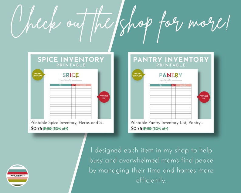 May include: Two printable inventory lists, one for spices and one for pantry items. Both lists have a red, white, and green color scheme and feature the words "Spice" and "Pantry" in bold, colorful letters. The text "Printable" is also included on each list. The price for each list is $0.75, a 50% discount from the original price of $1.50.