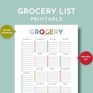 Könnte beinhalten: Eine druckbare Einkaufsliste mit Abschnitten für Produkte, Fleisch/Fisch, Milchprodukte und mehr. Das Wort "GROCERY" ist in bunten Buchstaben geschrieben. Die Wörter "PRINTABLE" und "GROCERY LIST" stehen oben. Ein roter Kreis sagt "Printable PDF".