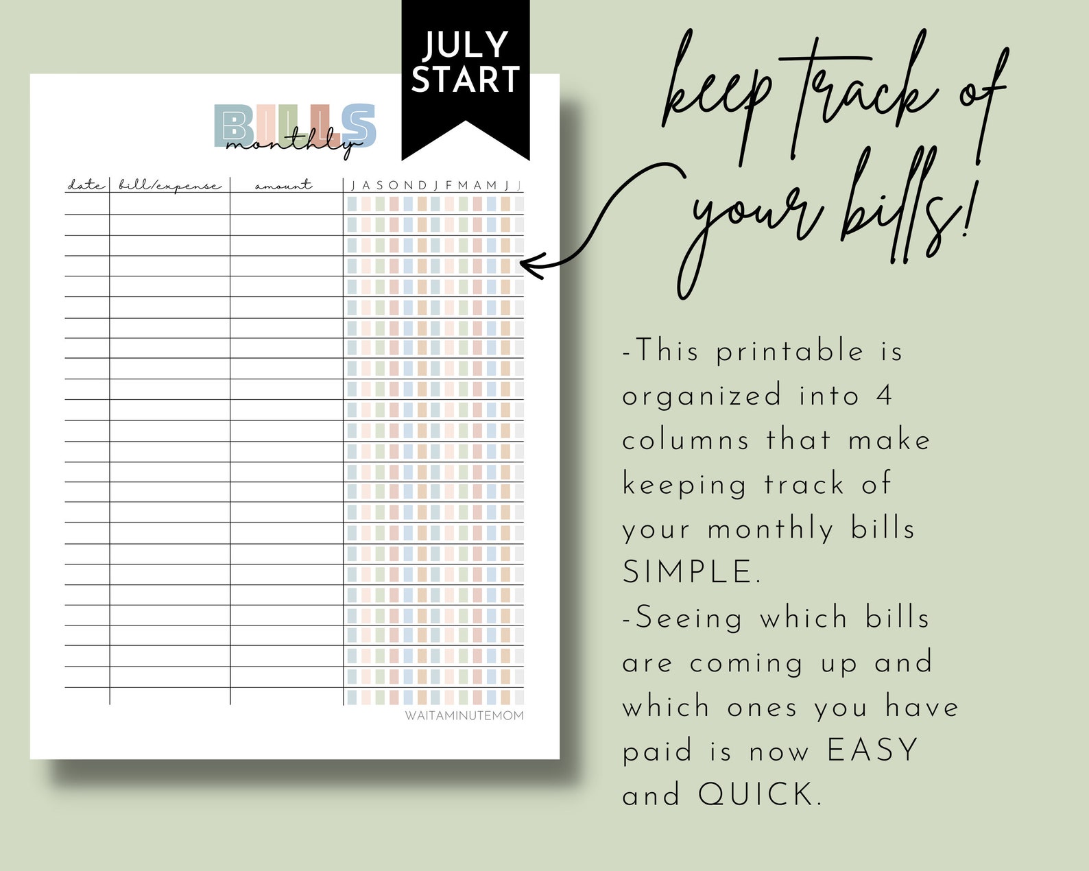 Monthly Bill Tracker Printable JULY START Monthly Expenses Etsy