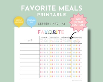 Favorite Easy Meals Printable List with Air Fryer Section, Go To Meal Ideas Chart, Simple Easy Meal Planning, Favorite Dinners List Chart