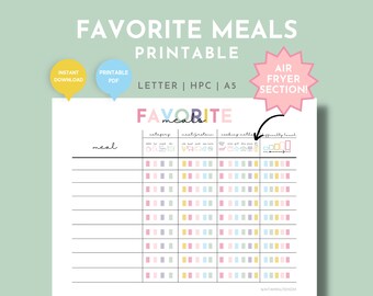 Favorite Easy Meals Printable List with Air Fryer Section, Go To Meal Ideas Chart, Simple Easy Meal Planning, Favorite Dinners List Chart