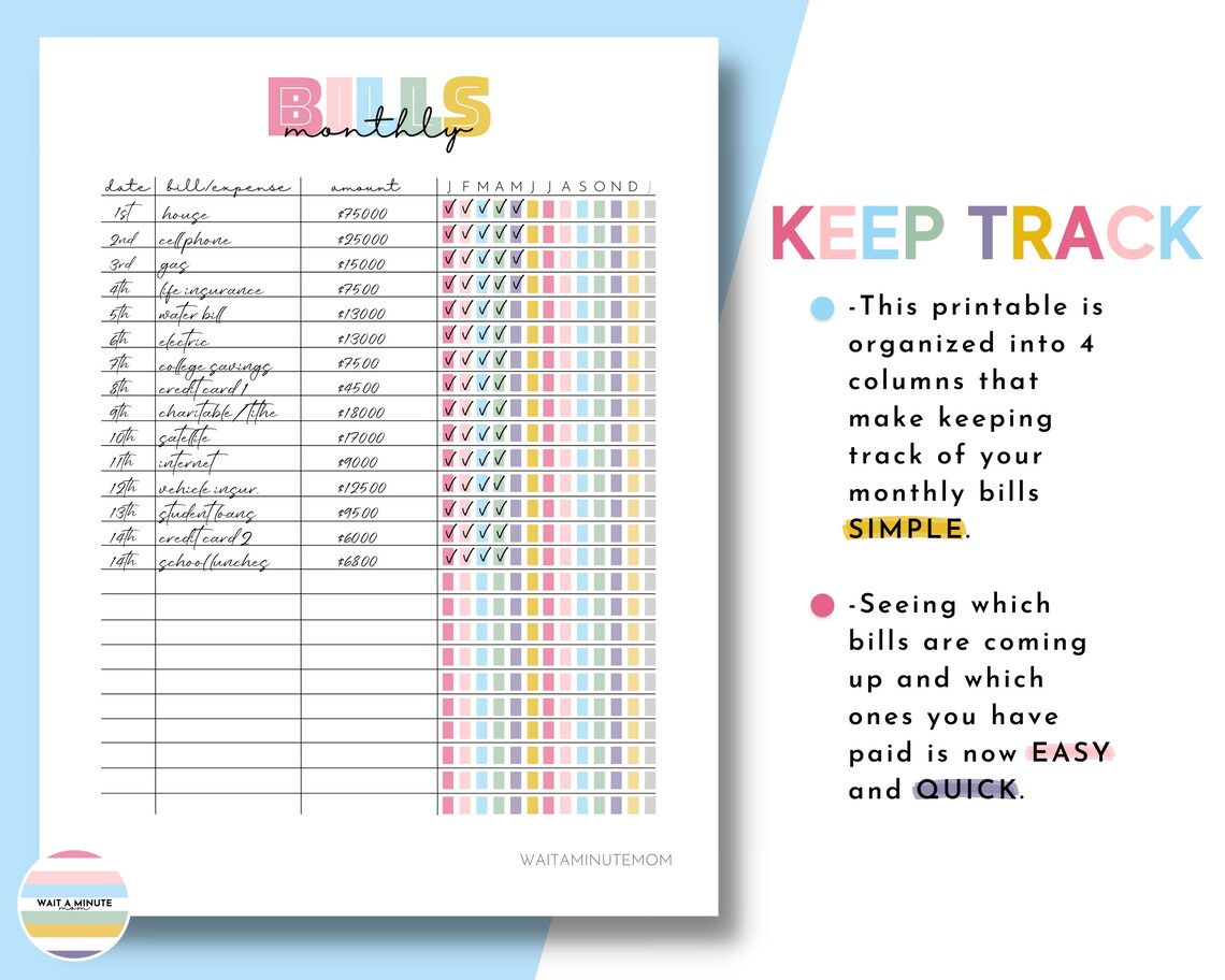 Monthly Bills Tracker Sheet Printable, Payments Tracker, Bill Payment ...