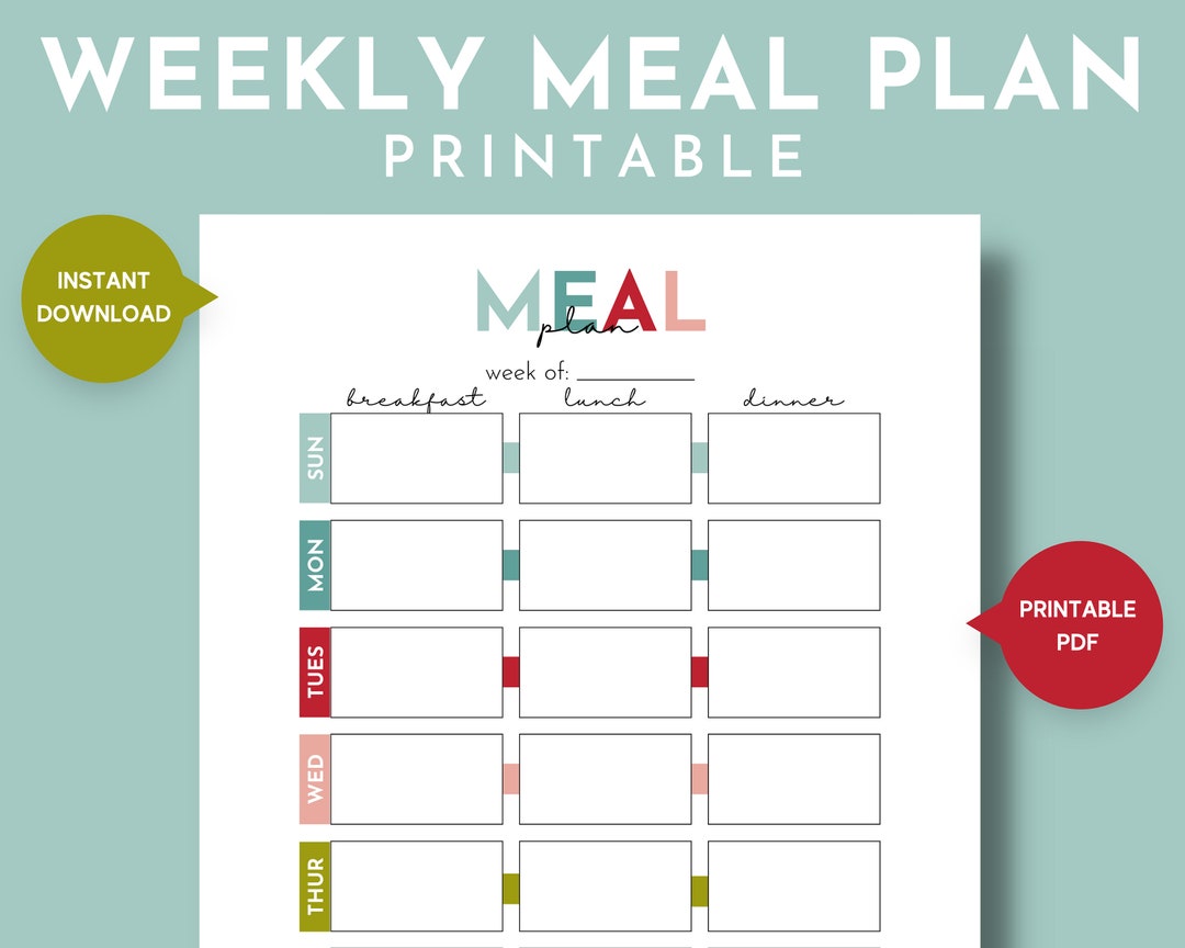 Printable Weekly Meal Plan Simple Weekly Menu Plan Chart - Etsy