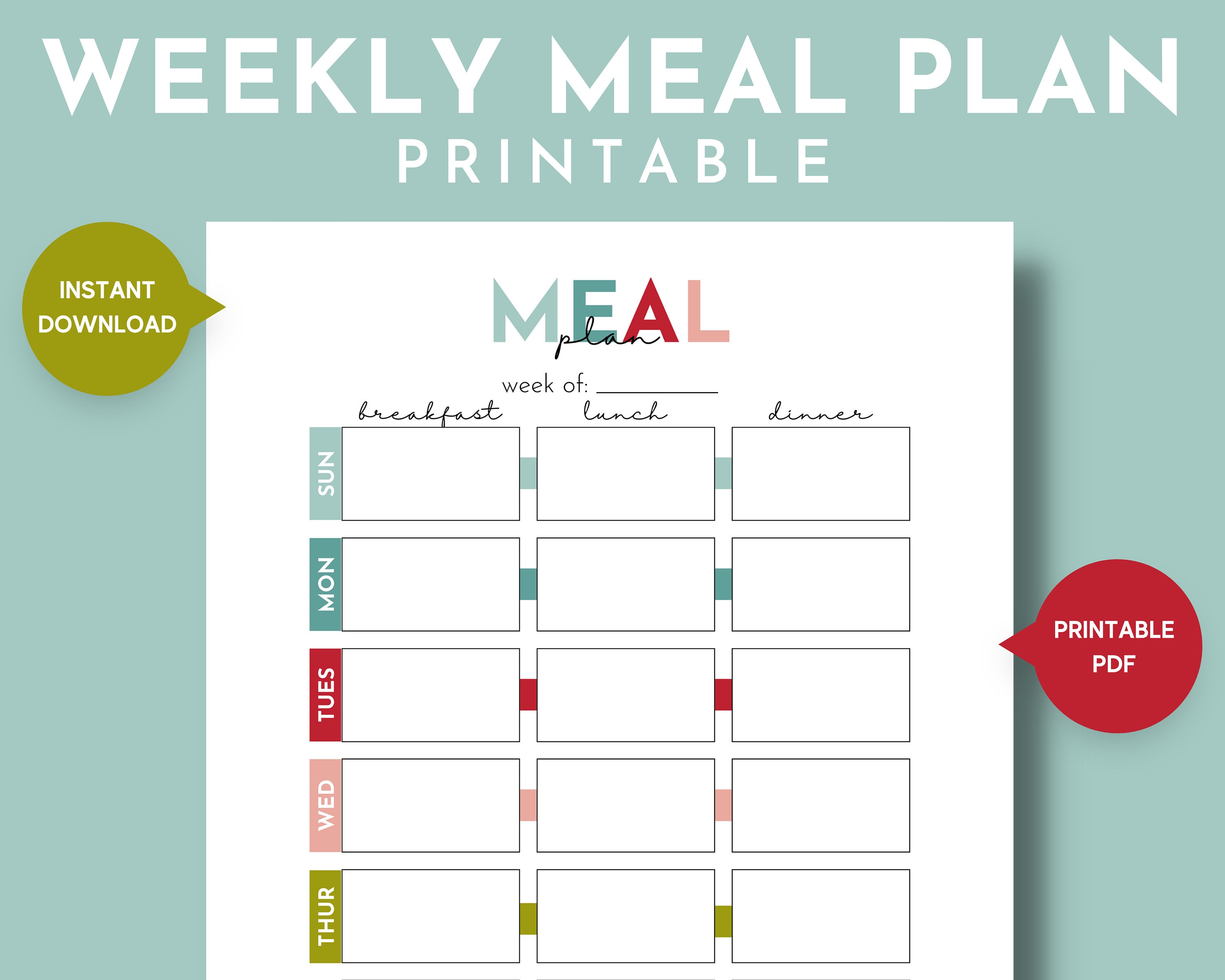 Printable Weekly Meal Plan, Simple Weekly Menu Plan Chart, Weekly ...