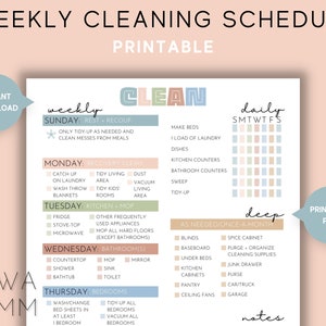 May include: A printable weekly cleaning schedule with a checklist of daily, weekly, and monthly tasks. The schedule is divided into sections for Sunday, Monday, Tuesday, Wednesday, and Thursday. Each day has a list of cleaning tasks to complete, such as making beds, doing laundry, cleaning the kitchen, and mopping the floors. The schedule also includes a section for deep cleaning tasks that should be done once a month, such as cleaning the blinds, skirting boards, and under the beds.