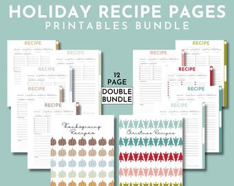 Holiday Recipes Printables Bundle, Christmas Recipe Sheets, Thanksgiving Recipe Papers, Blank Recipe Cards, Recipes as Gifts, Printable PDF