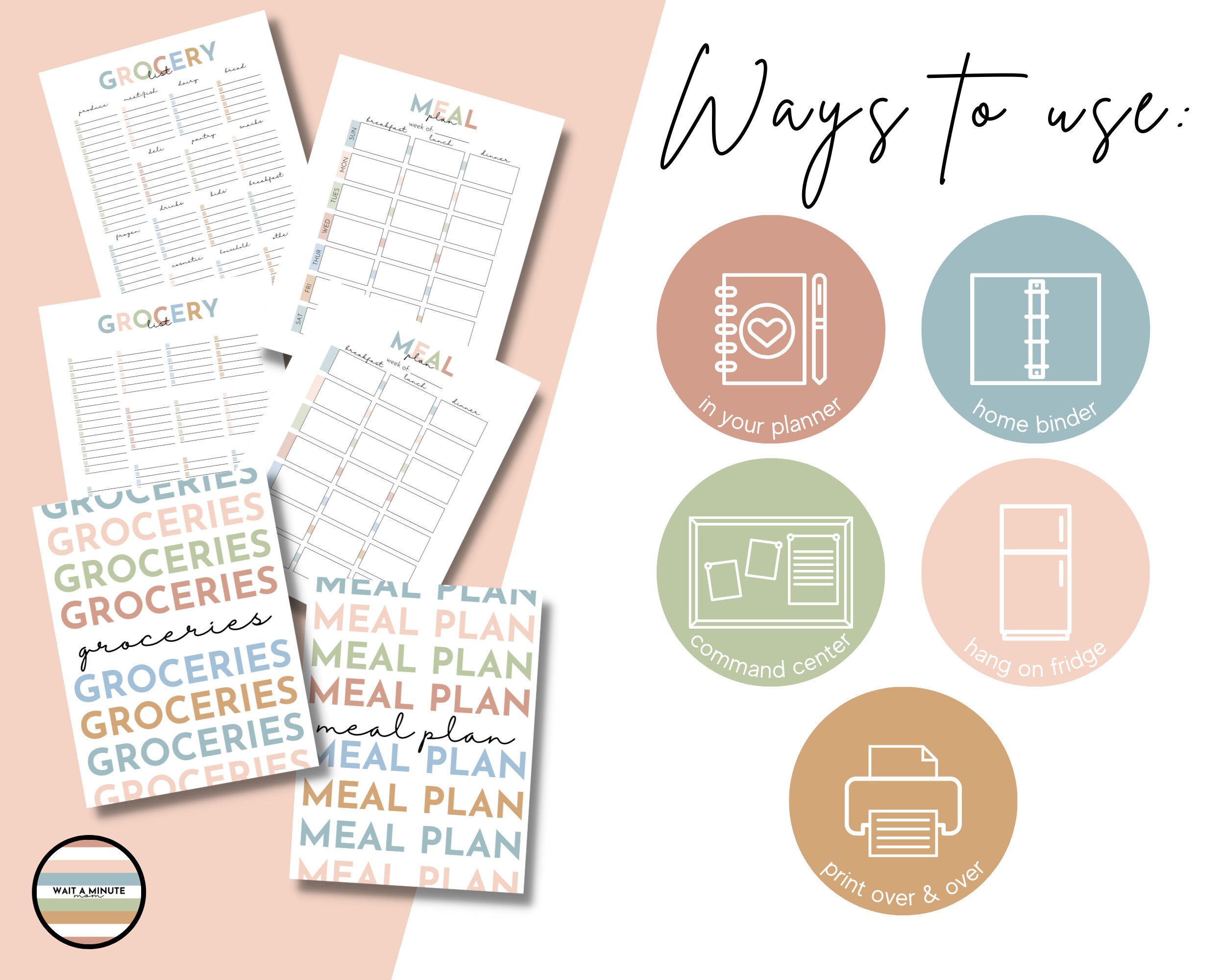 Weekly Meal Plan and Grocery List Printables Bundle, Meal Planning for ...