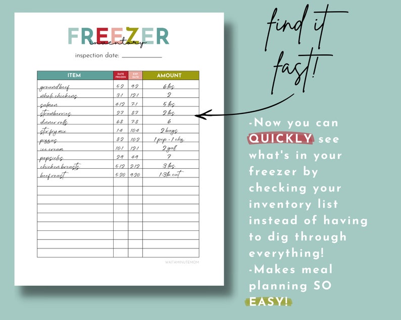 Printable Freezer Inventory, Simple Freezer Contents Tracker, Frozen Food Inventory List, Kitchen Inventory, Meal Planning, Cold Store image 3