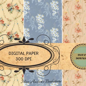 Könnte beinhalten: Drei digitale Papiermuster mit floralen Designs. Die Muster sind in den Farben Rosa, Blau und Gelb gehalten. Der Text "DIGITAL PAPER 300 DPI" und "INSTANT DOWNLOAD" ist auf dem Bild sichtbar.