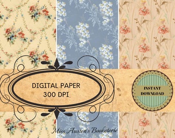 12 Digital Papers Vintage Roses and Flowers Jane Austen Junk Journal Miss Austens Diary Scrapbooking