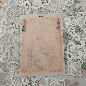 Könnte beinhalten: Eine Briefkarte im Vintage-Stil mit cremefarbenem Hintergrund und liniertem Papier. Die Karte zeigt eine Zeichnung einer Frau, die an einem Schreibtisch mit einem Stuhl und einem Klavier sitzt. In den oberen Ecken befinden sich außerdem kleine Illustrationen von Frauen und einer Kutsche.