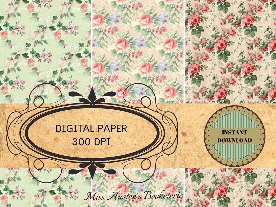 12 Digital Papers Vintage Roses and Flowers Jane Austen Junk Journal ...
