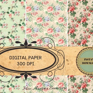 12 Digital Papers Vintage Roses and Flowers Jane Austen Junk Journal Miss Austens Diary Scrapbooking