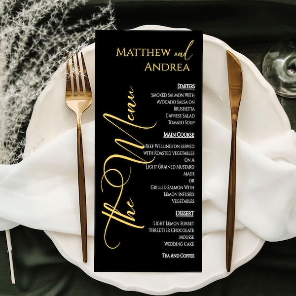 Elegant Wedding Menu Setting Template, instant Editable file, husband and wife, modern casual, reception dinner plate decor