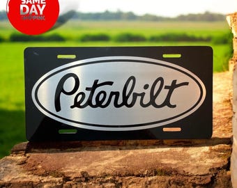 Peterbilt Style License Plate – Black Anodized Aluminum | Laser Engraved Semi Truck Front Tag | Big Rig Gift for Truck Drivers