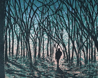 Obra de arte original: grabado en madera, 'Near Nyaania Creek', 2021, edición de 4. Tallado a mano e impreso en papel Zerkall Fine Art.