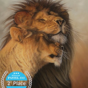 Original pastel drawing lion and lioness 40 x 50 cm