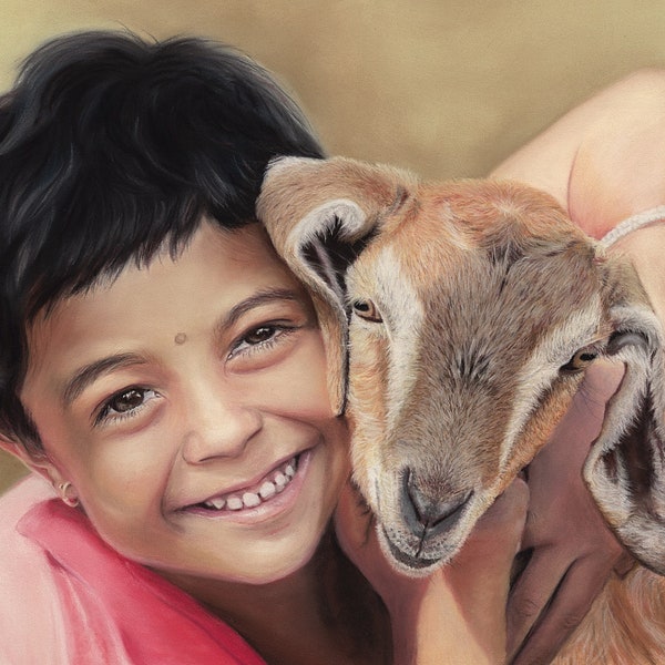 Happy child with lamb Original pastel drawing 39 x 28 cm